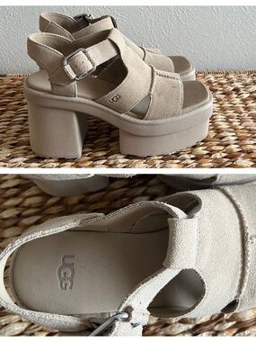 New UGG New Heights Platform T-Strap suede Sandal beige Mustard Seed 8